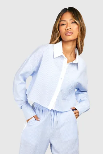 Womens Crinkle Stripe Boxy Cropped Shirt - Blue - 14, Blue