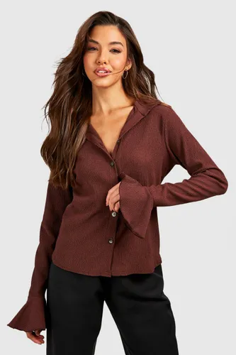 Womens Crinkle Textured Flare Cuff Shirt - Brown - 8, Brown