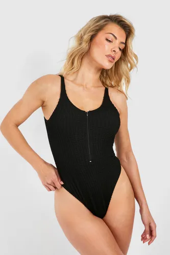 Womens Crinkle Zip Up Scoop Swimsuit - Black - 6, Black