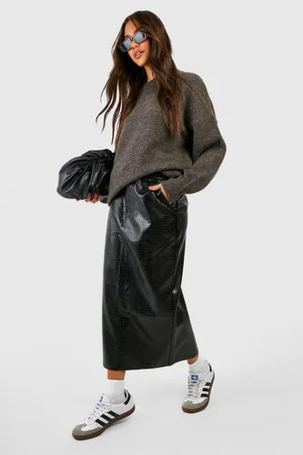 Womens Croc Faux Leather Split Midaxi Skirt - Black - 6, Black