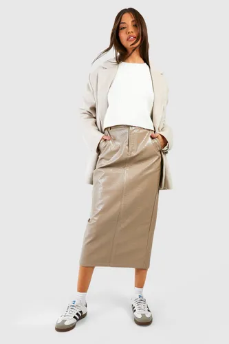 Womens Croc Faux Leather Split Midaxi Skirt - Cream - 6, Cream