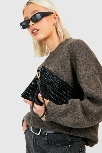 Womens Croc Zip Top Clutch Bag - Black - One Size, Black