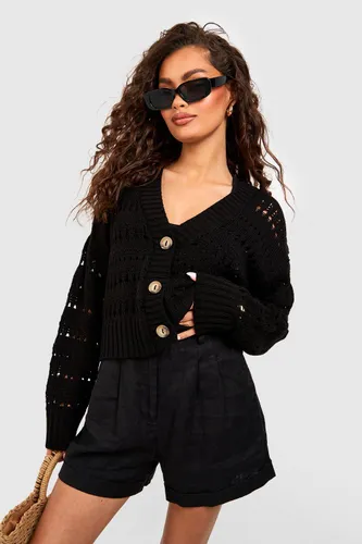 Womens Crochet Button Through Crop Cardigan - Black - S, Black