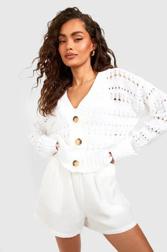 Womens Crochet Button Through Crop Cardigan - White - S, White
