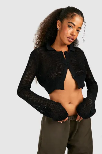 Womens Crochet Collar Detail Crop Cardigan - Black - M, Black