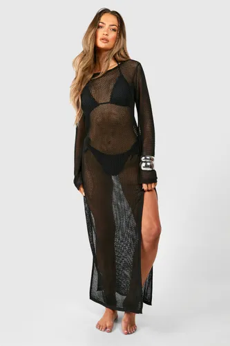 Womens Crochet Cover-Up Beach Maxi Dress - Black - L, Black