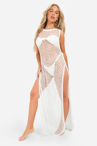 Womens Crochet Cover-Up Beach Maxi Dress - White - S, White