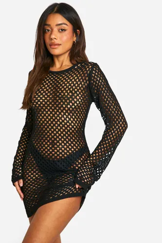 Womens Crochet Cover-Up Beach Mini Dress - Black - S, Black