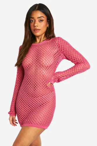 Womens Crochet Cover-Up Beach Mini Dress - Pink - S, Pink