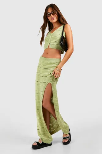 Womens Crochet Crop Waistcoat And Split Detail Maxi Skirt Knit Set - Green - 16, Green