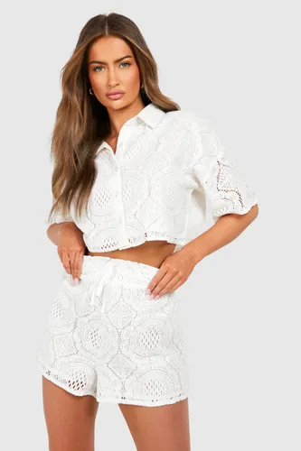 Womens Crochet Drop Shoulder Short Sleeve Shirt - White - 6, White