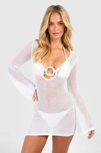 Womens Crochet O-Ring Plunge Beach Mini Dress - White - S, White