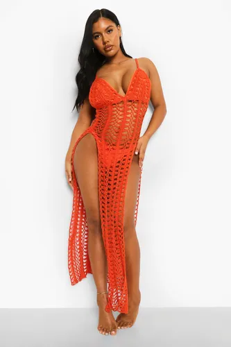 Womens Crochet Split Leg Beach Maxi Dress - Orange - S, Orange
