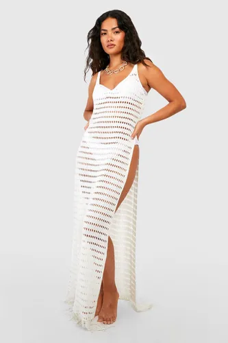 Womens Crochet Tassel Split Maxi Beach Dress - White - M, White