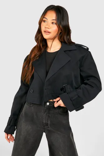 Womens Crop Belted Trench Coat - Black - 12, Black