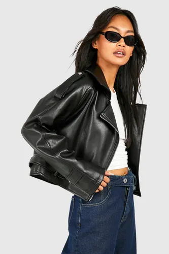 Womens Crop Faux Leather Biker Jacket - Black - 12, Black