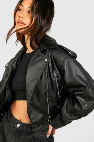 Womens Cropped Belted Faux Leather Biker Jacket - Black - 16, Black