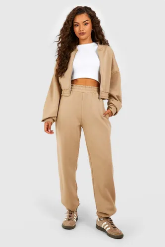 Womens Cropped Bomber Straight Leg Jogger Tracksuit - Beige - L, Beige