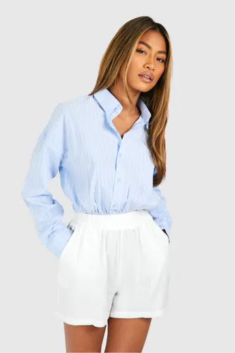 Womens Cropped Button Detail Striped Shirt - Blue - 8, Blue