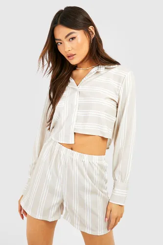 Womens Cropped Contrast Stripe Relaxed Fit Shirt & Shorts - Beige - 6, Beige