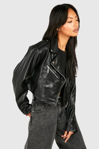 Womens Cropped Faux Leather Biker Jacket - Black - 8, Black