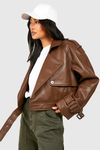 Womens Cropped Faux Leather Biker Trench Coat - Brown - 8, Brown