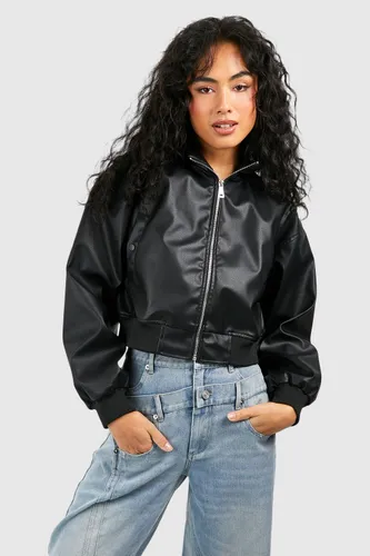 Womens Cropped Faux Leather Zip Bomber Jacket - Black - 8, Black