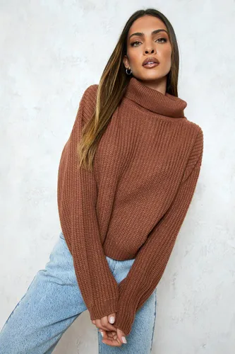 Womens Cropped Fisherman Roll Neck Jumper - Brown - L, Brown