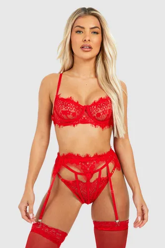 Womens Crotchless Eyelash Lace Bralette Suspender And Thong Set - Red - M, Red