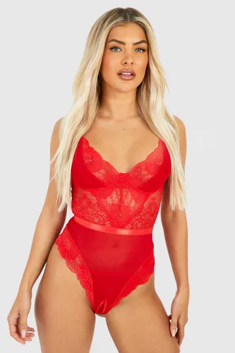 Womens Crotchless Lace And Mesh Bodysuit - Red - S, Red