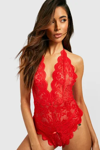 Womens Crotchless Lace Bodysuit - Red - S, Red