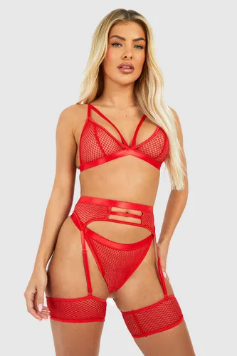 Womens Crotchless Mesh Strappy Bralette Thong And Suspender Set - Red - S, Red