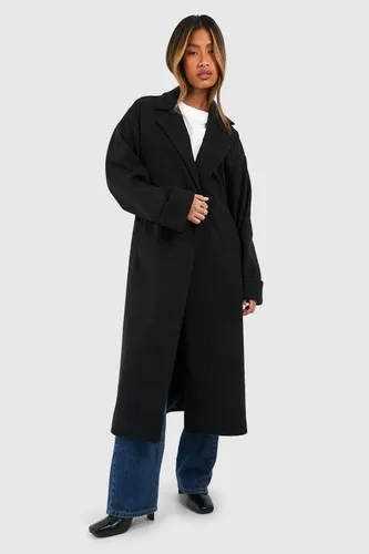 Womens Cuff Detail Belted Wool Look Coat - Black - 10, Black