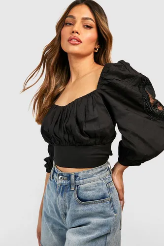 Womens Cut Out Embroidered Crop Top - Black - 8, Black