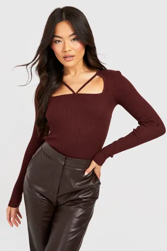 Womens Cut Out Strappy Neckline Rib Jumper - Brown - S, Brown