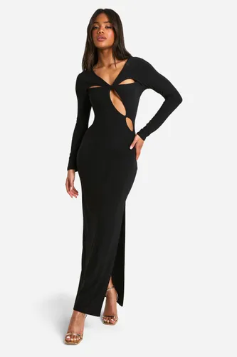 Womens Cut Out Twist Detail Slinky Long Sleeve Maxi Dress - Black - 8, Black
