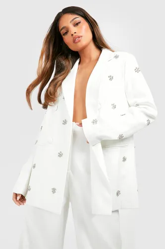 Womens Daisy Crystal Embellished Double Breasted Blazer - White - 14, White
