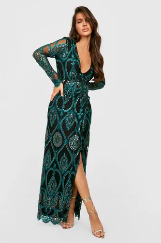 Womens Damask Plunge Maxi Party Dress - Green - 8, Green