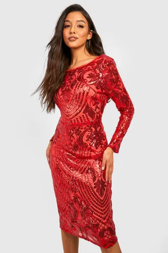 Womens Damask Sequin Cowl Back Midi Party Dress - Red - 8, Red