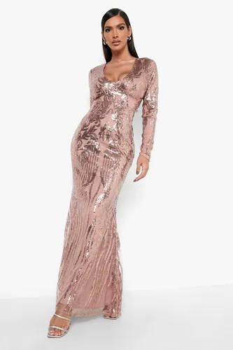 Womens Damask Sequin Plunge Maxi Party Dress - Pink - 10, Pink