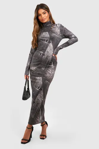 Womens Denim Printed Jersey Roll Neck Midaxi Dress - Black - 6, Black