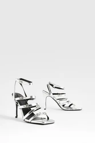 Womens Diamante Bow Detail Multi Strap Heels - Grey - 5, Grey