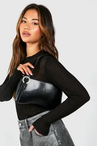 Womens Diamante Buckle Shoulder Bag - Black - One Size, Black