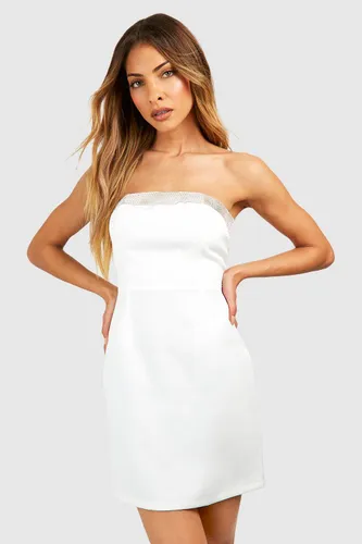 Womens Diamante Detail Bandeau Tailored Mini Dress - White - 12, White