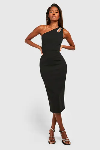Womens Diamante Trim One Shoulder Midi Dress - Black - 16, Black