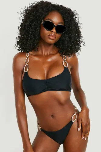 Womens Diamante Trim Ruched Scoop Bikini Top - Black - 6, Black