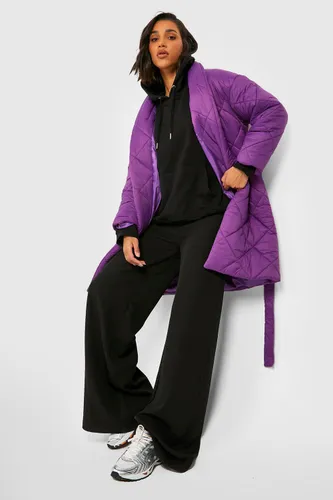 Womens Diamond Quilted Belted Duvet Puffer Jacket - Purple - 8, Purple