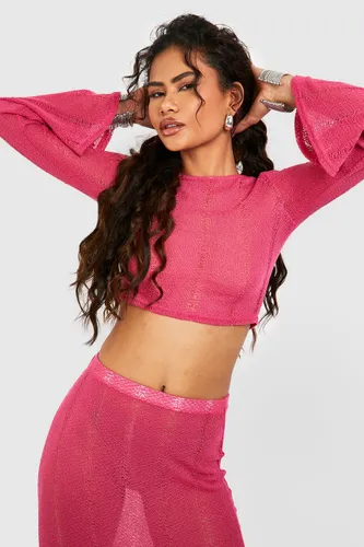 Womens Distressed Long Sleeve Cropped Top - Pink - 12, Pink
