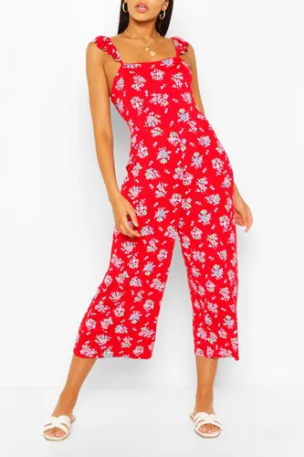Womens Ditsy Floral Ruffle Shoulder Jumpsuit - Red - 8, Red