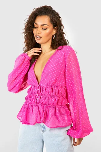 Womens Dobby Ruched Blouse - Pink - 8, Pink